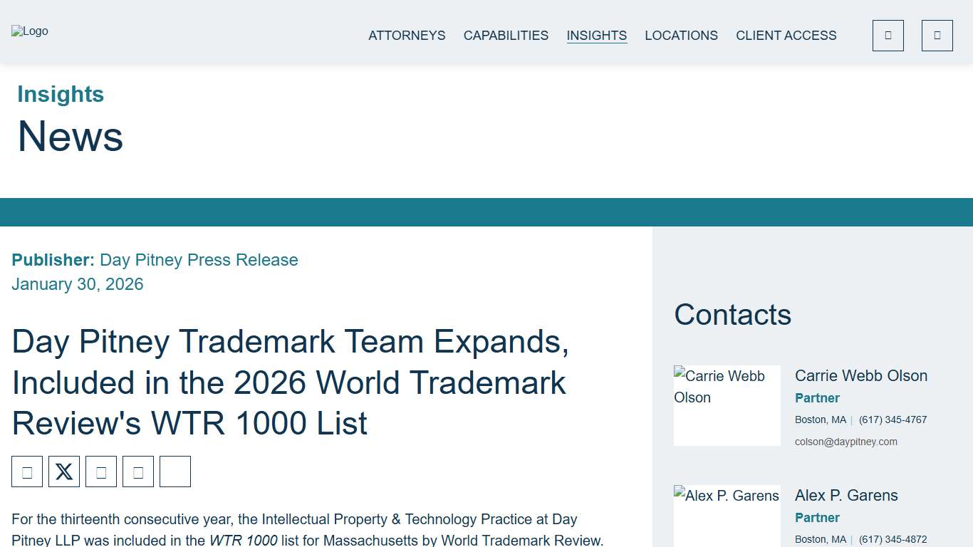 Day Pitney Trademark Team Expands, Included in the 2026 World Trademark Review's WTR 1000 List Day Pitney